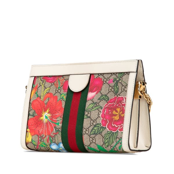 Pre-owned Gucci Small GG Supreme Flora Ophidia Chain Shoulder Bag Brown