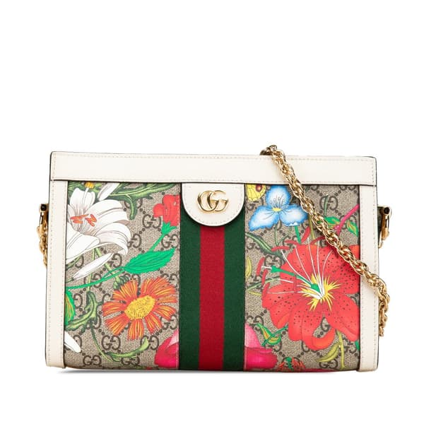 Pre-owned Gucci Small GG Supreme Flora Ophidia Chain Shoulder Bag Brown