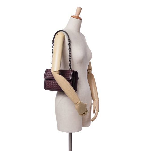 Pre-owned Bottega Veneta Nappa Intrecciato Double Flap Shoulder Bag Red