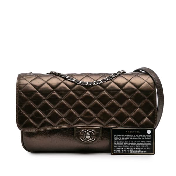 Pre-owned Chanel Medium Metallic Crackled Calfskin Clams Pocket Flap Brown