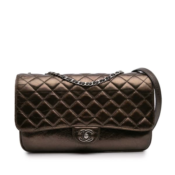 Pre-owned Chanel Medium Metallic Crackled Calfskin Clams Pocket Flap Brown