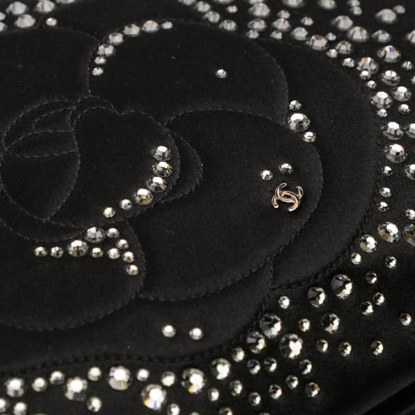 Pre-owned Chanel Satin Diamante Camellia Clutch with Chain Black
