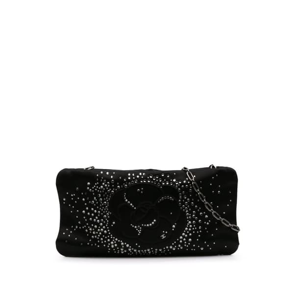 Pre-owned Chanel Satin Diamante Camellia Clutch with Chain Black