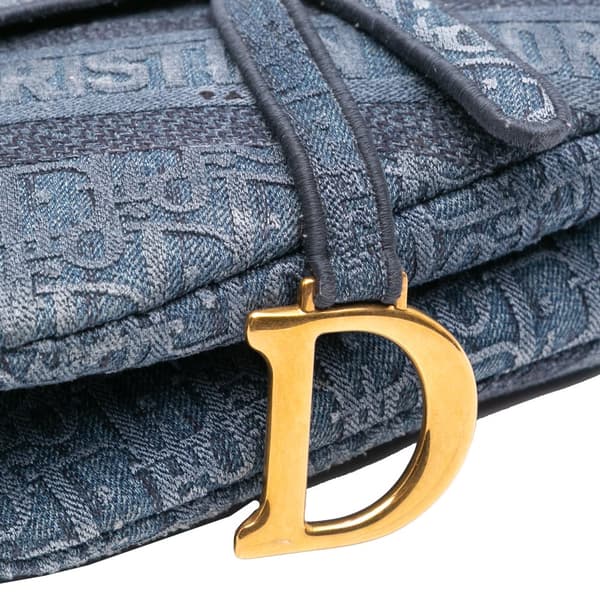 Pre-owned Dior Oblique Embroidered Denim Saddle Bag Blue
