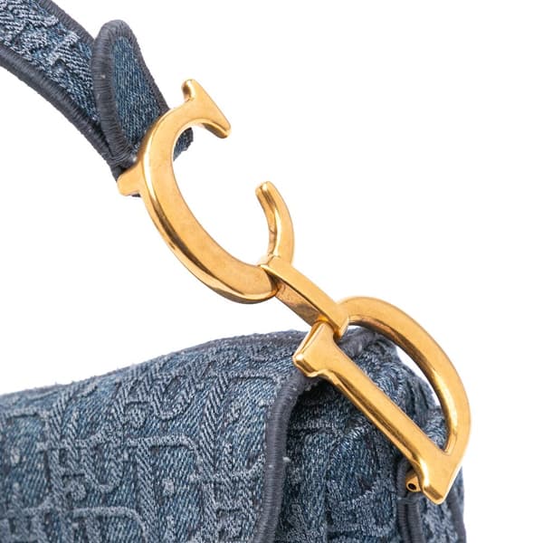 Pre-owned Dior Oblique Embroidered Denim Saddle Bag Blue