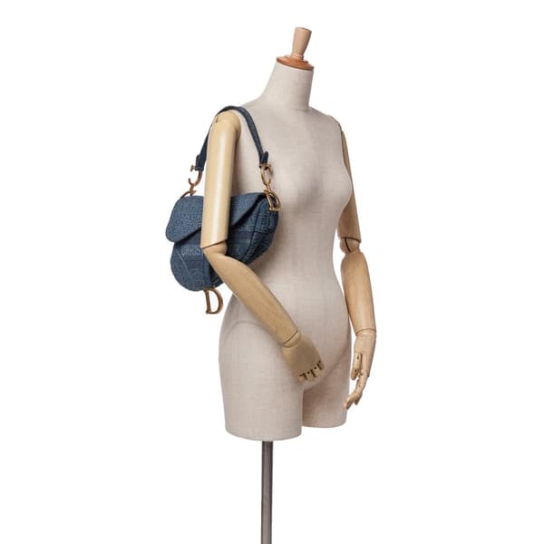 Pre-owned Dior Oblique Embroidered Denim Saddle Bag Blue