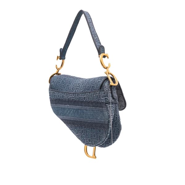 Pre-owned Dior Oblique Embroidered Denim Saddle Bag Blue
