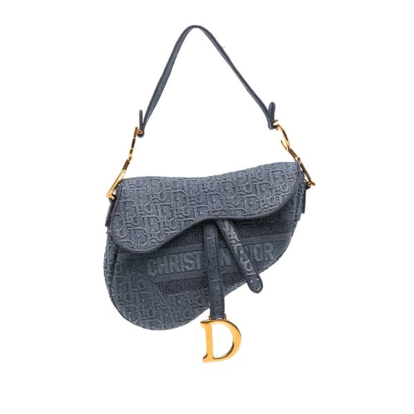 Pre-owned Dior Oblique Embroidered Denim Saddle Bag Blue