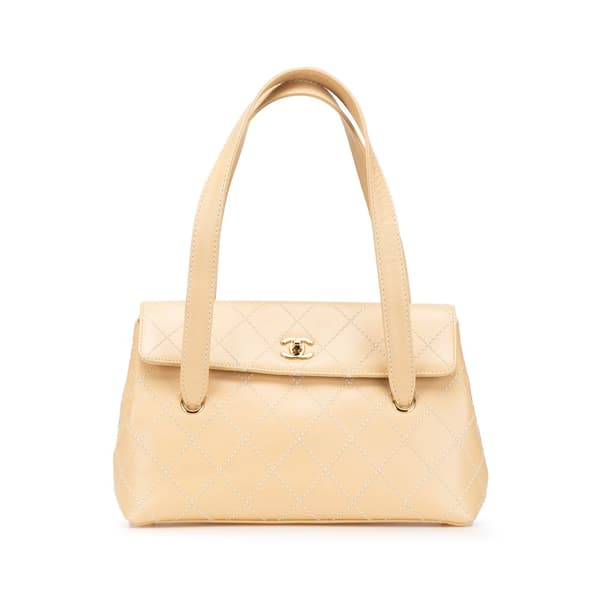 Pre-owned Chanel CC Calfskin Wild Stitch Flap Shoulder Bag Brown