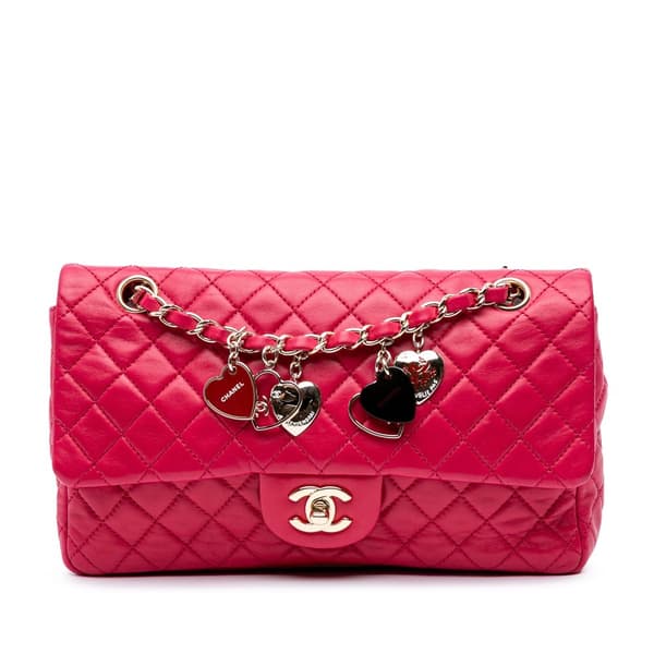 Pre-owned Chanel Medium Classic Lambskin Valentines Heart Charms Single Flap Pink