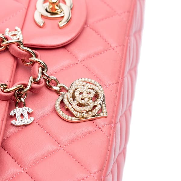 Pre-owned Chanel Medium Lambskin Valentine Heart Charms Single Flap Pink
