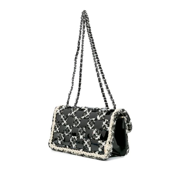 Pre-owned Chanel Mini Woven Patent and Tweed Chessboard Single Flap Black
