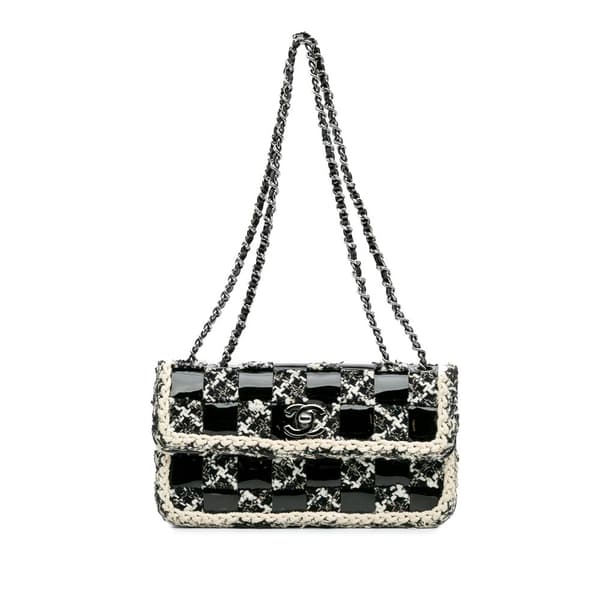 Pre-owned Chanel Mini Woven Patent and Tweed Chessboard Single Flap Black