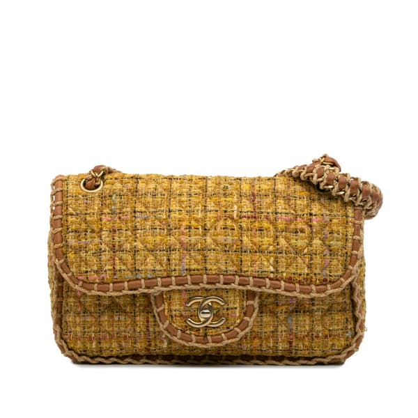 Pre-owned Chanel Medium Quilted Tweed St Tropez Flap Yellow