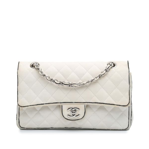 Pre-owned Chanel Medium Classic Printed Grosgrain Double Flap White