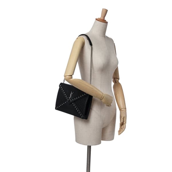 Pre-owned Saint Laurent Quilted Lambskin Studded Monogram Gaby Shoulder Bag Black