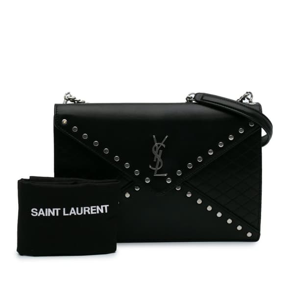 Pre-owned Saint Laurent Quilted Lambskin Studded Monogram Gaby Shoulder Bag Black