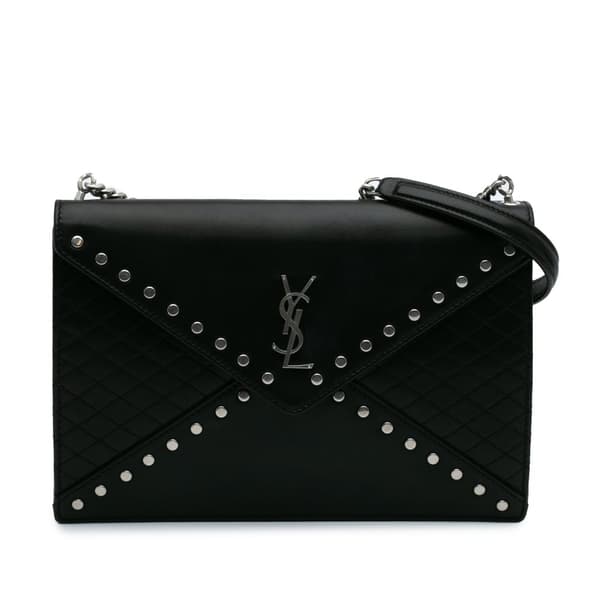 Pre-owned Saint Laurent Quilted Lambskin Studded Monogram Gaby Shoulder Bag Black