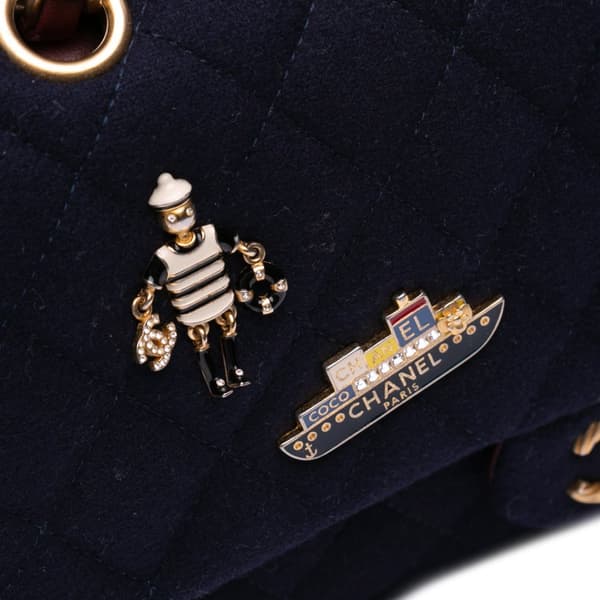 Pre-owned Chanel Medium Classic Wool Paris-Hamburg Charms Double Flap Blue