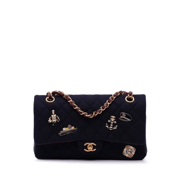 Pre-owned Chanel Medium Classic Wool Paris-Hamburg Charms Double Flap Blue