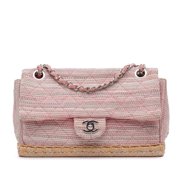 Pre-owned Chanel Quilted Tweed Espadrille Chain Flap Pink