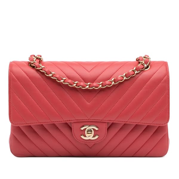 Pre-owned Chanel Medium Classic Chevron Lambskin Double Flap Red