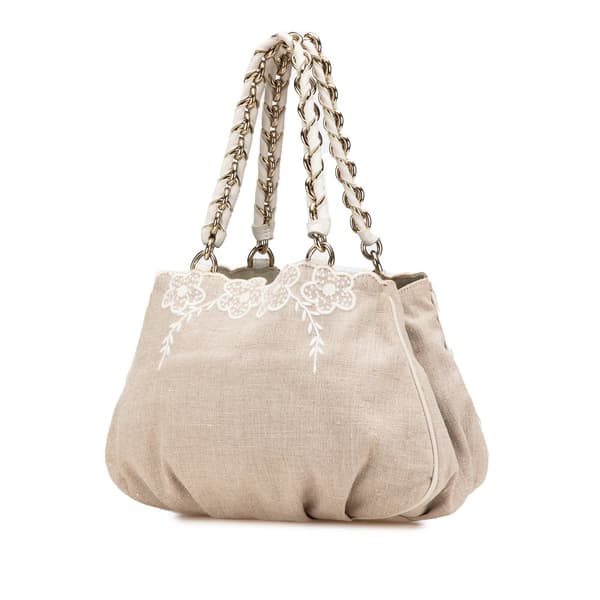 Pre-owned Fendi Floral Embroidered Canvas Mia Chain Tote Brown