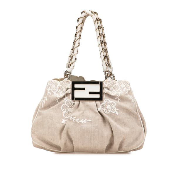 Pre-owned Fendi Floral Embroidered Canvas Mia Chain Tote Brown