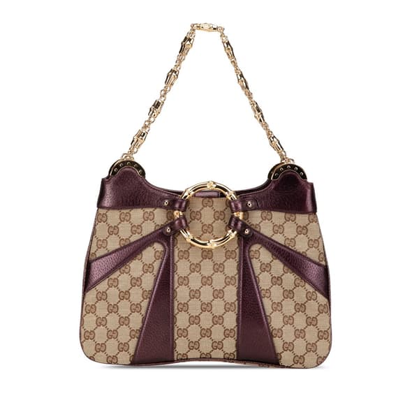 Pre-owned Gucci GG Canvas Bamboo Ring Chain Shoulder Bag Brown