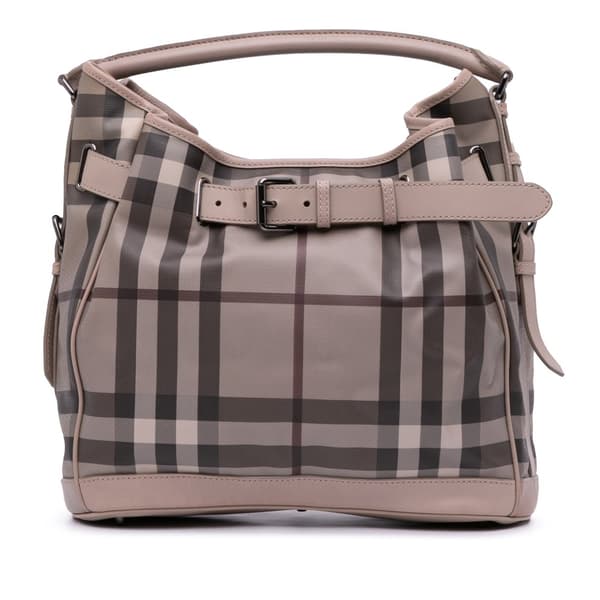 Pre-owned Burberry Medium Smoked Check Coated Canvas Walden Belted Hobo Gray