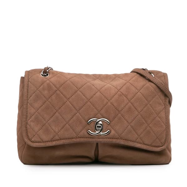 Pre-owned Chanel Large Quilted Nubuck Natural Beauty Split Pocket Flap Brown