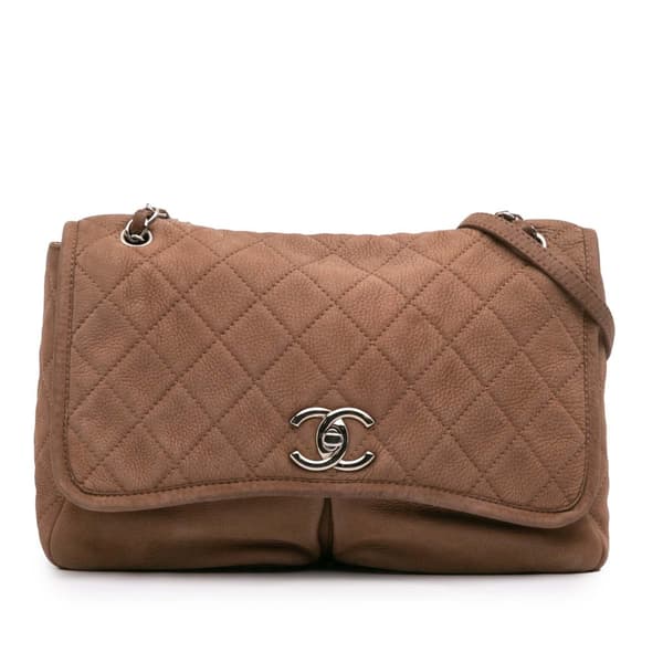 Pre-owned Chanel Large Quilted Nubuck Natural Beauty Split Pocket Flap Brown