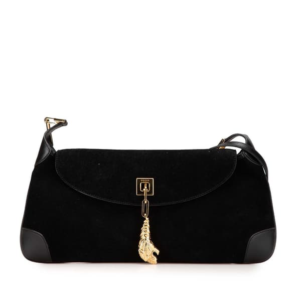 Pre-owned Gucci Suede Tiger Head Shoulder Bag Black