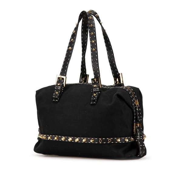 Pre-owned Fendi Selleria Studded Canvas Shoulder Bag Black