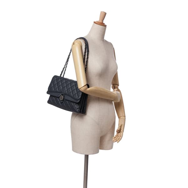 Pre-owned Chanel Small Quilted Grained Calfskin CC Round Clasp Accordion Flap Black
