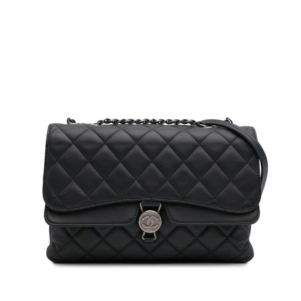 Pre-owned Chanel Small Quilted Grained Calfskin CC Round Clasp Accordion Flap Black