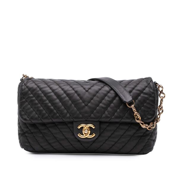 Pre-owned Chanel Jumbo Chevron Iridescent Calfskin Surpique Flap Black