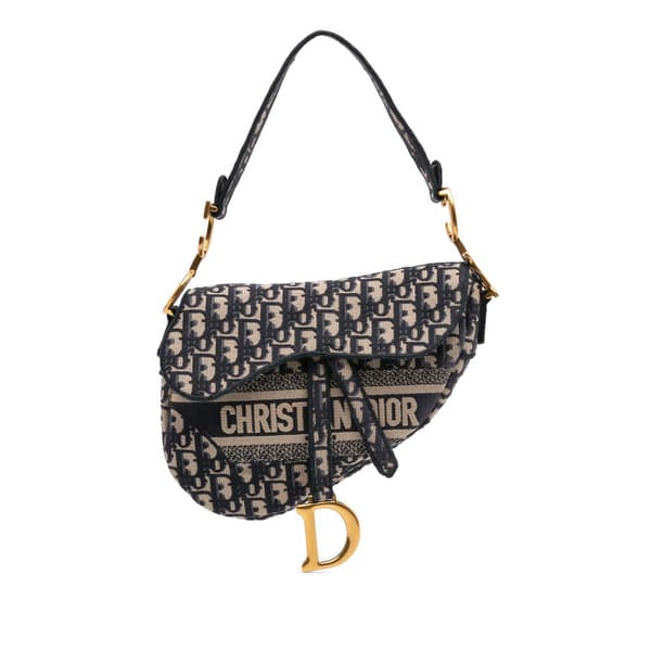 Pre-owned Dior Oblique Embroidered Canvas Saddle Bag Blue