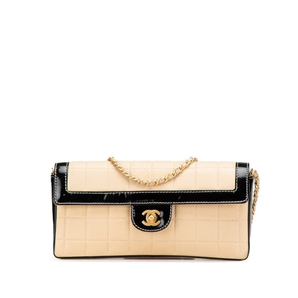 Pre-owned Chanel CC Chocolate Bar Lambskin and Patent East West Flap Brown
