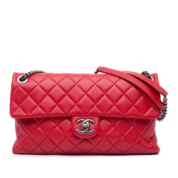 Pre-owned Chanel Large Quilted Shiny Lambskin Burgundy Rocks Flap Red