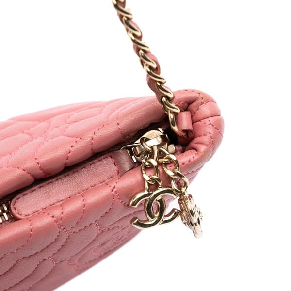 Pre-owned Chanel Embossed Lambskin Camellia Chain Pochette Pink
