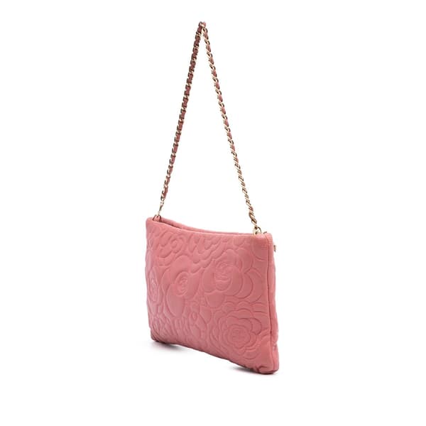 Pre-owned Chanel Embossed Lambskin Camellia Chain Pochette Pink