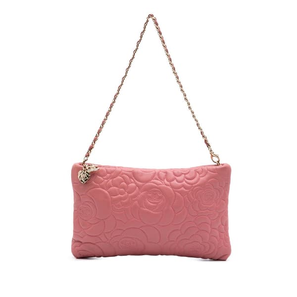 Pre-owned Chanel Embossed Lambskin Camellia Chain Pochette Pink