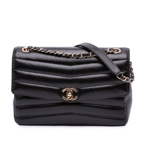 Pre-owned Chanel Chevron Shiny Lambskin Miroir Flap Black