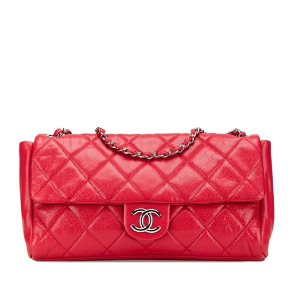 Pre-owned Chanel Medium Glazed Caviar Nature Flap Red