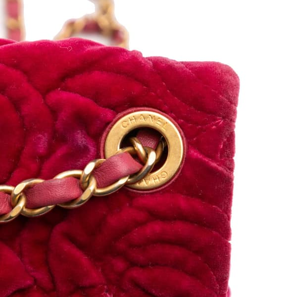 Pre-owned Chanel Mini Velvet Camellia Flap Red