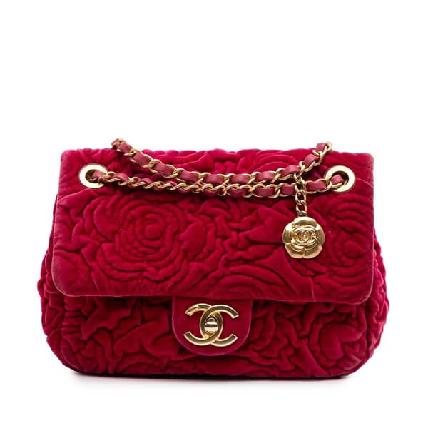Pre-owned Chanel Mini Velvet Camellia Flap Red