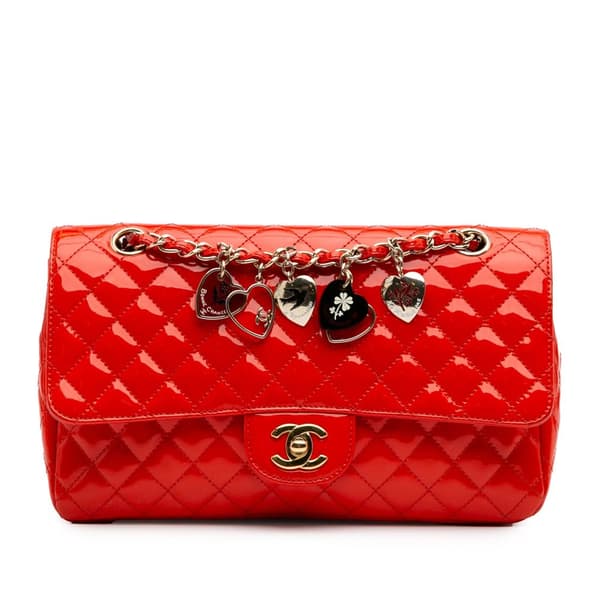 Pre-owned Chanel Medium Classic Patent Valentines Heart Charms Single Flap Red