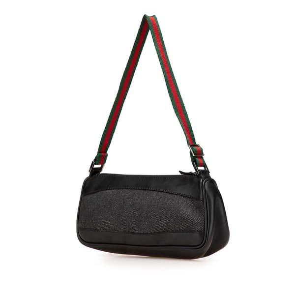 Pre-owned Gucci Web Denim Shoulder Bag Black