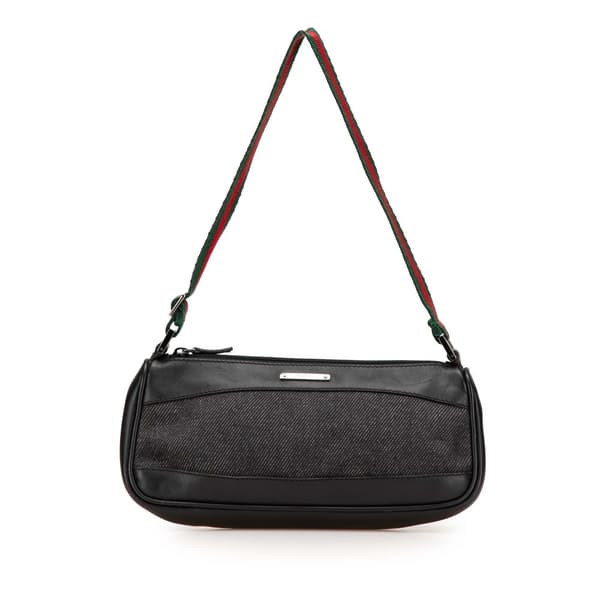 Pre-owned Gucci Web Denim Shoulder Bag Black